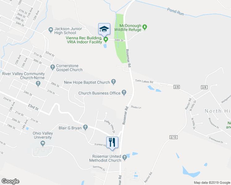map of restaurants, bars, coffee shops, grocery stores, and more near 1777 Rosemar Rd in Parkersburg