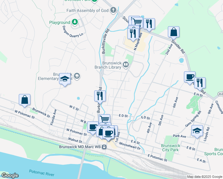 map of restaurants, bars, coffee shops, grocery stores, and more near 16 West G Street in Brunswick