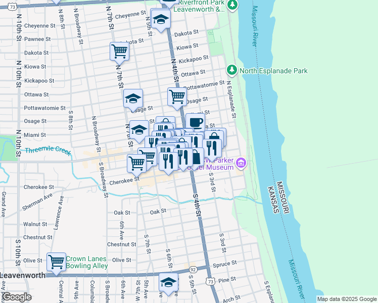 map of restaurants, bars, coffee shops, grocery stores, and more near 165 South 4th Street in Leavenworth