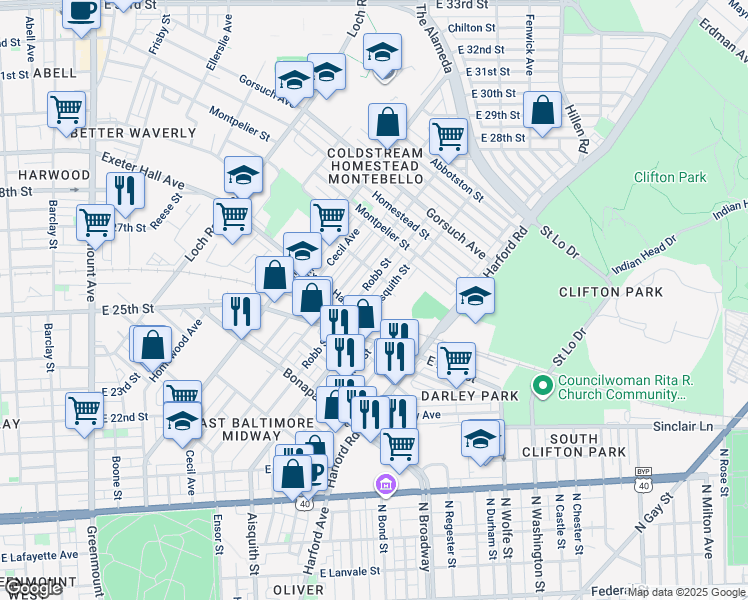 map of restaurants, bars, coffee shops, grocery stores, and more near 2534 Aisquith Street in Baltimore