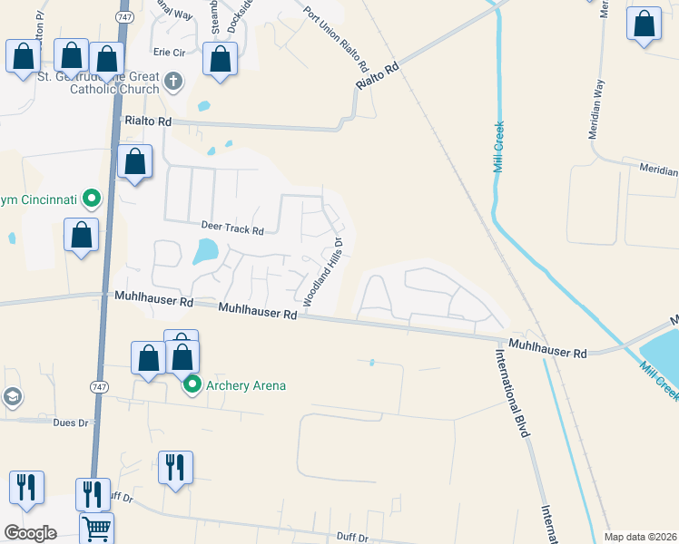 map of restaurants, bars, coffee shops, grocery stores, and more near 9524 Woodland Hills Drive in Butler County