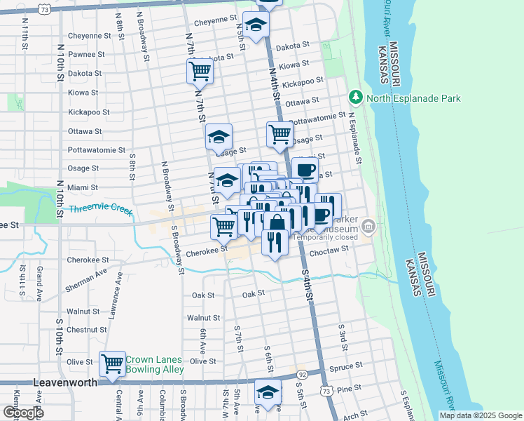 map of restaurants, bars, coffee shops, grocery stores, and more near 500 Delaware Street in Leavenworth