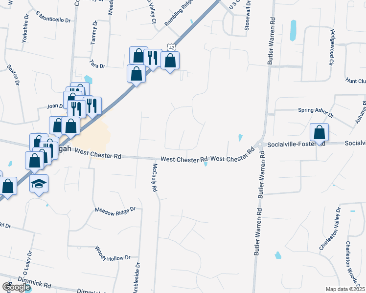 map of restaurants, bars, coffee shops, grocery stores, and more near 9245 West Meadow Drive in Butler County