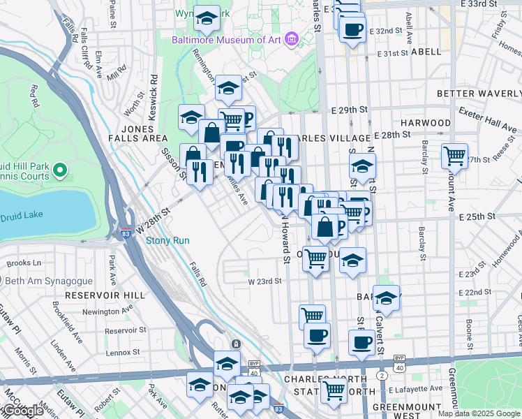 map of restaurants, bars, coffee shops, grocery stores, and more near 2500 Huntingdon Avenue in Baltimore