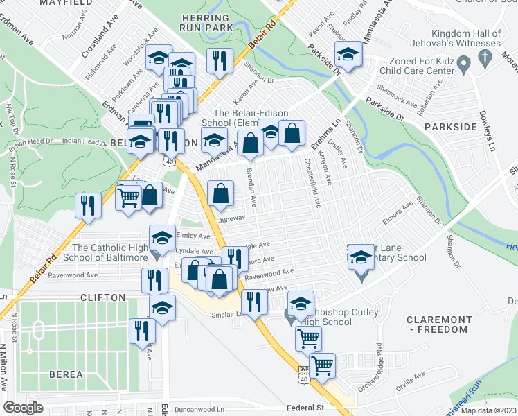map of restaurants, bars, coffee shops, grocery stores, and more near 3510 Brendan Avenue in Baltimore