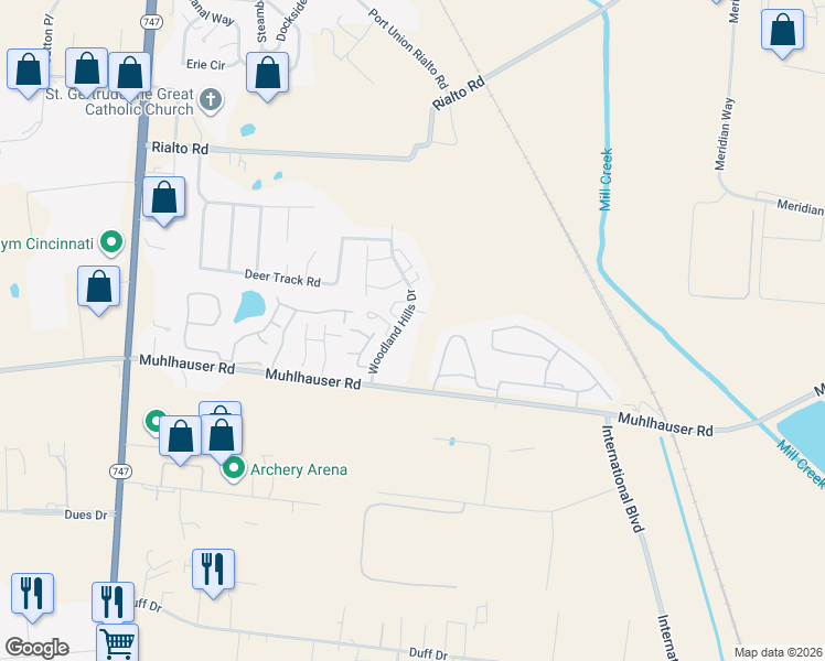 map of restaurants, bars, coffee shops, grocery stores, and more near 9524 Woodland Hills Drive in Butler County