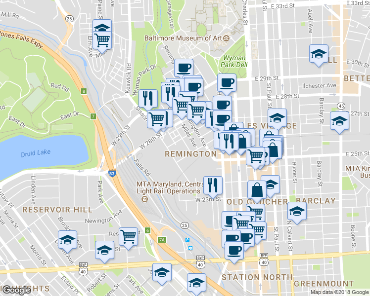 map of restaurants, bars, coffee shops, grocery stores, and more near 2620 Hampden Avenue in Baltimore