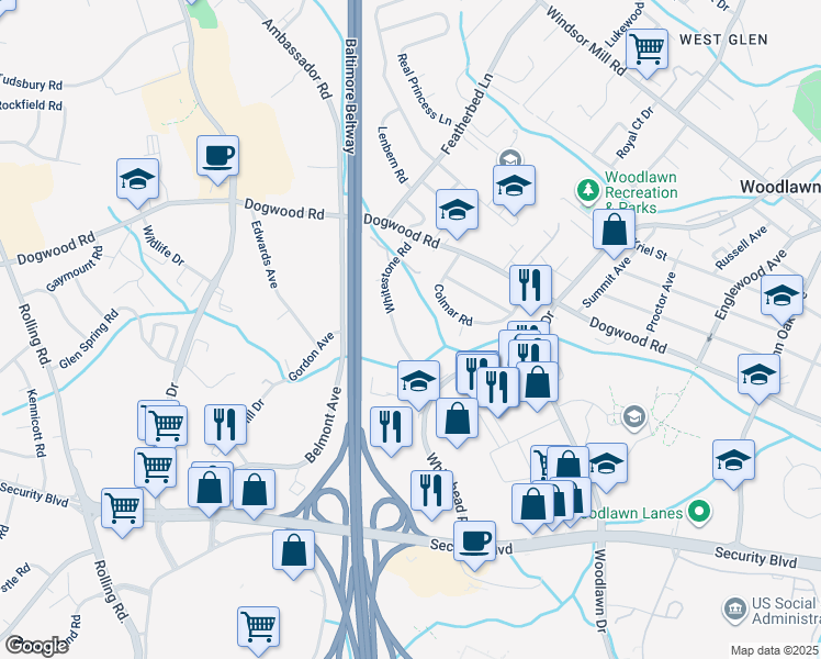 map of restaurants, bars, coffee shops, grocery stores, and more near 6718 Whitestone Road in Woodlawn