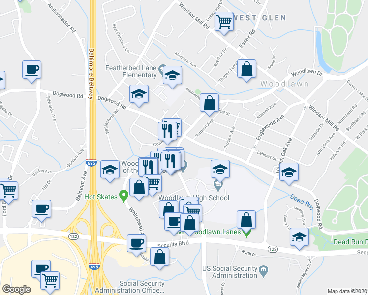 map of restaurants, bars, coffee shops, grocery stores, and more near 1825 Woodlawn Drive in Woodlawn