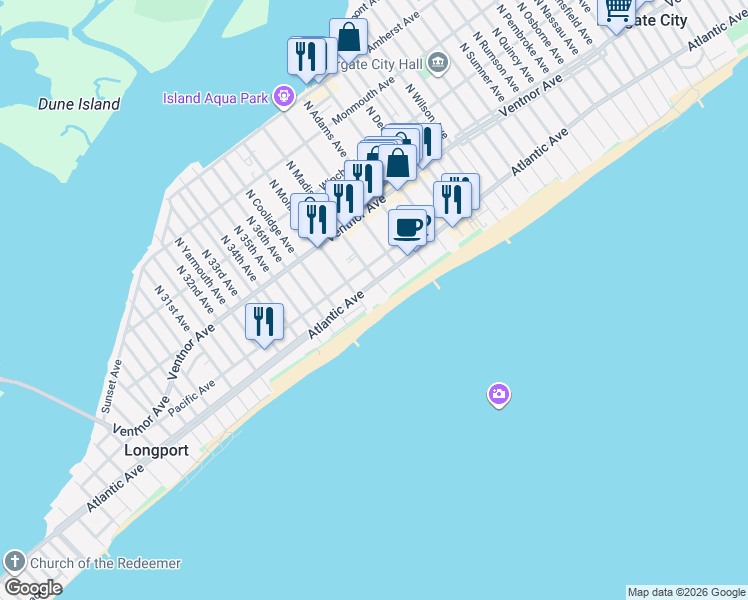 map of restaurants, bars, coffee shops, grocery stores, and more near 9705 Beach Avenue in Margate City