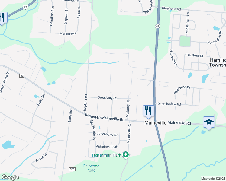 map of restaurants, bars, coffee shops, grocery stores, and more near 7992 Sycamore Street in Maineville