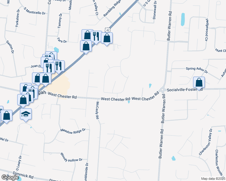map of restaurants, bars, coffee shops, grocery stores, and more near 9245 West Meadow Drive in Butler County