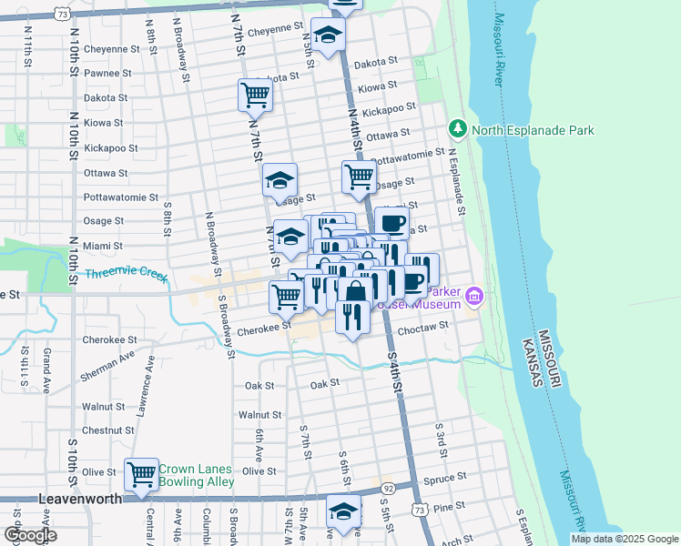 map of restaurants, bars, coffee shops, grocery stores, and more near 500 Delaware Street in Leavenworth