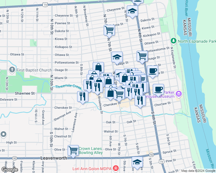 map of restaurants, bars, coffee shops, grocery stores, and more near 729 Shawnee Street in Leavenworth