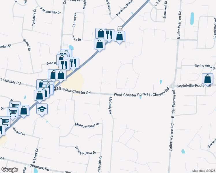 map of restaurants, bars, coffee shops, grocery stores, and more near 8040 West Chester Road in Butler County