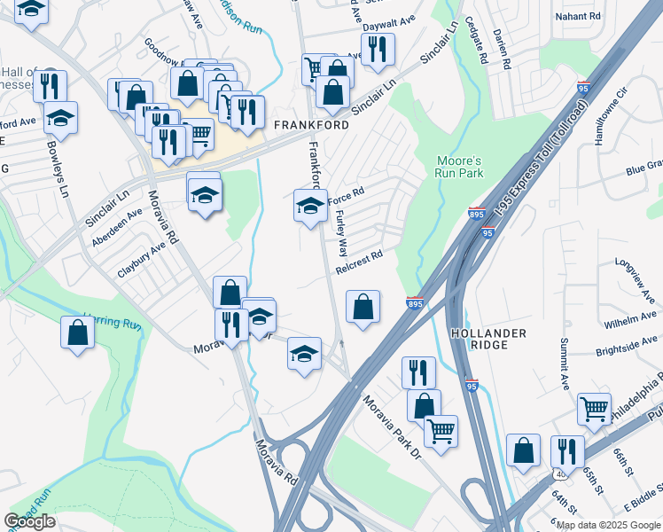 map of restaurants, bars, coffee shops, grocery stores, and more near 6116 Frankford Avenue in Baltimore