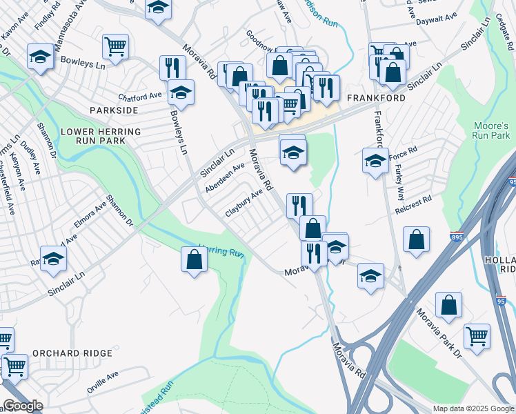 map of restaurants, bars, coffee shops, grocery stores, and more near 5715 Denwood Avenue in Baltimore
