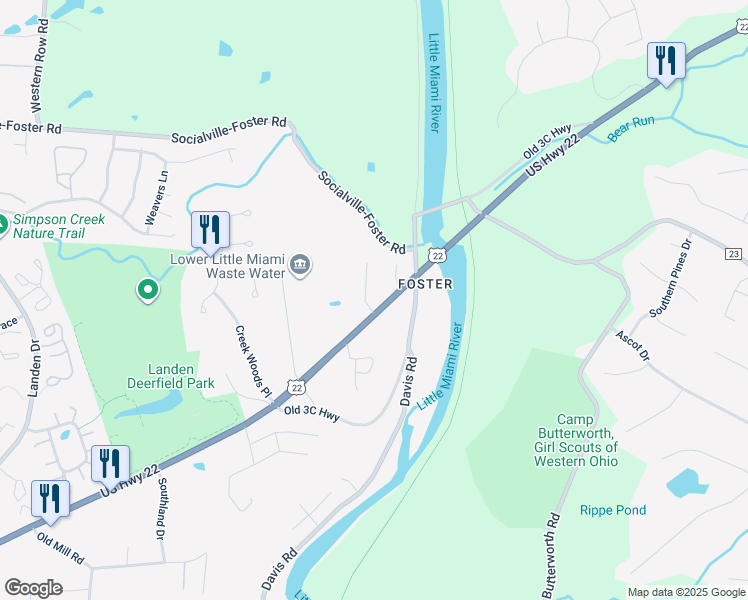 map of restaurants, bars, coffee shops, grocery stores, and more near 8060 River Vista Court in Maineville