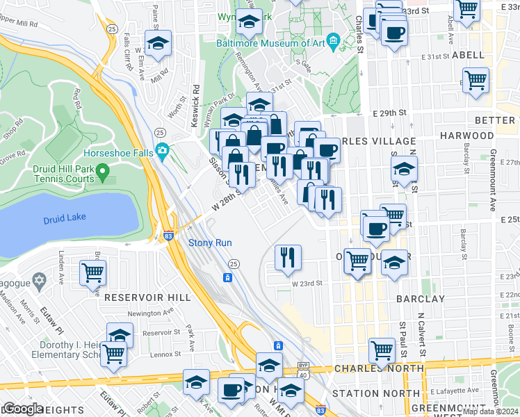 map of restaurants, bars, coffee shops, grocery stores, and more near 521 West 27th Street in Baltimore