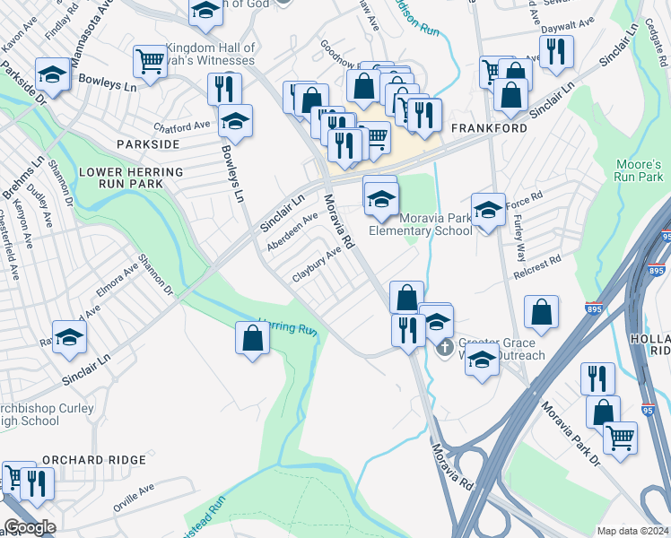 map of restaurants, bars, coffee shops, grocery stores, and more near 5715 Denwood Avenue in Baltimore