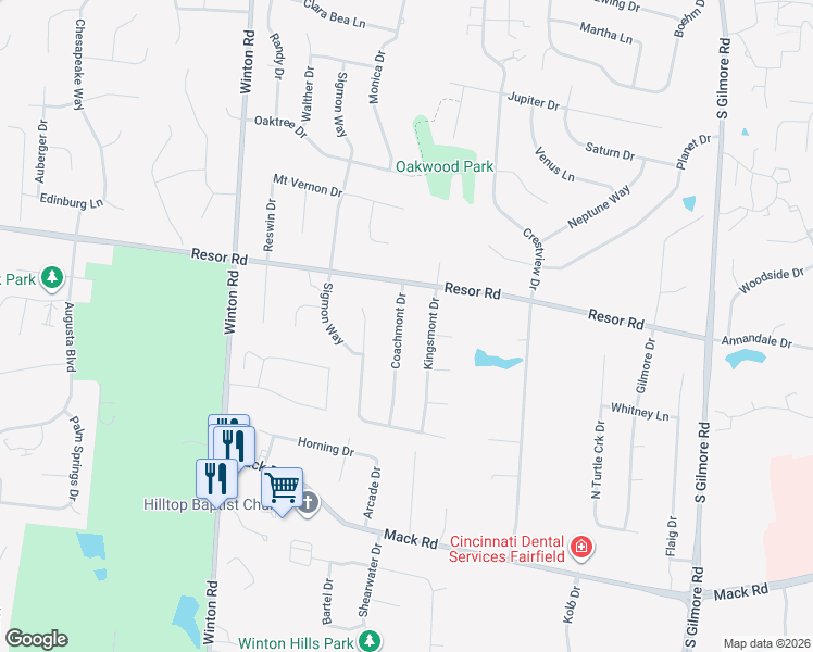 map of restaurants, bars, coffee shops, grocery stores, and more near 5871 Kingsmont Drive in Fairfield