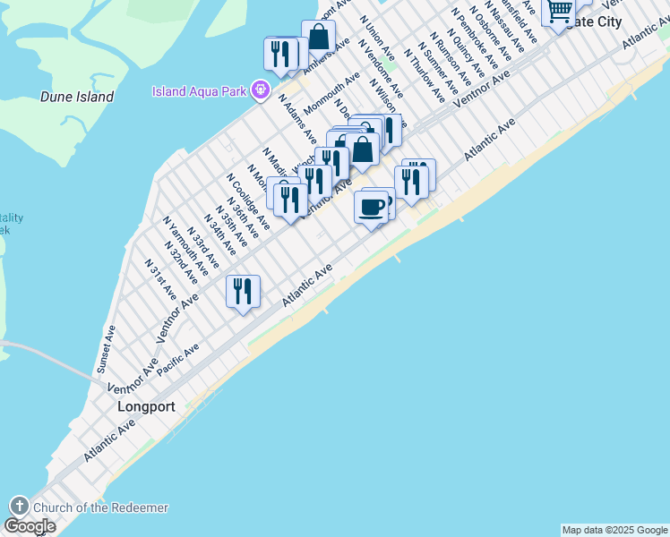 map of restaurants, bars, coffee shops, grocery stores, and more near 9600 Atlantic Avenue in Margate City