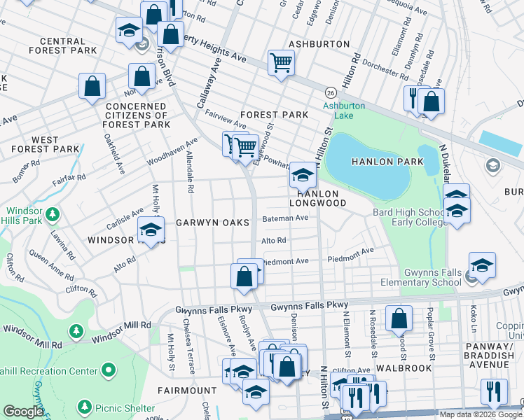 map of restaurants, bars, coffee shops, grocery stores, and more near 2705 Garrison Boulevard in Baltimore