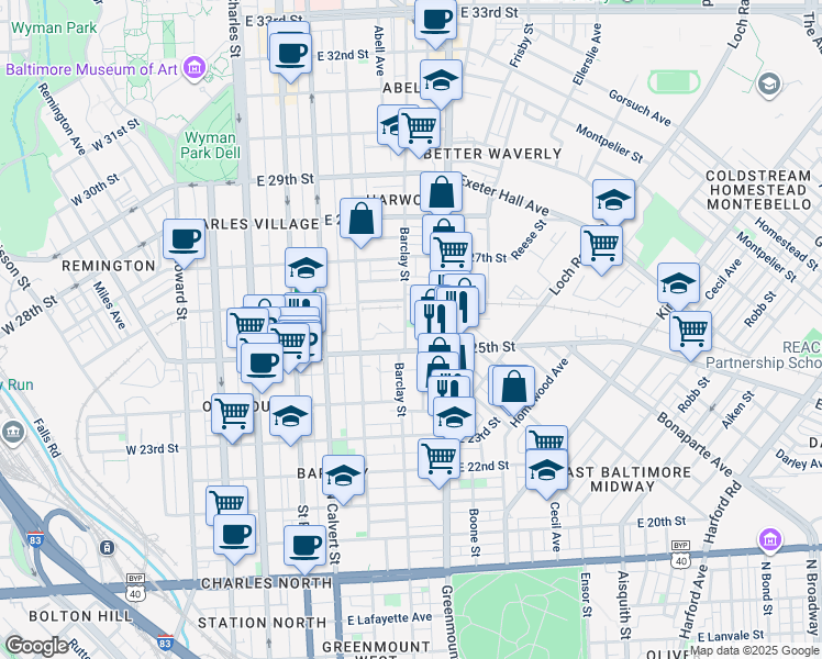 map of restaurants, bars, coffee shops, grocery stores, and more near 2515 Barclay Street in Baltimore