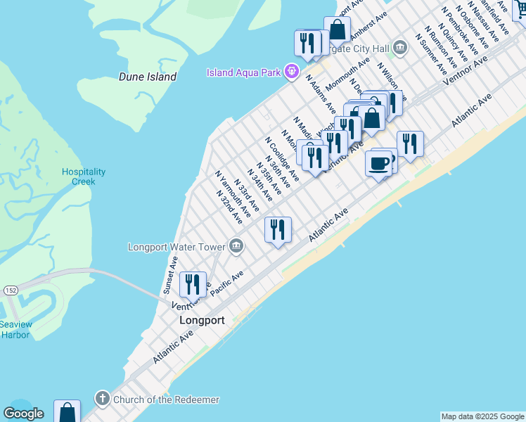 map of restaurants, bars, coffee shops, grocery stores, and more near 3 North 34th Avenue in Longport