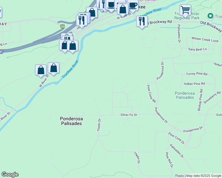 map of restaurants, bars, coffee shops, grocery stores, and more near 10672 Aspenwood Road in Truckee