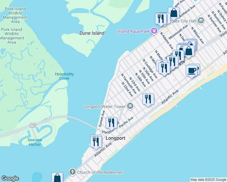 map of restaurants, bars, coffee shops, grocery stores, and more near 111 North Evergreen Avenue in Longport