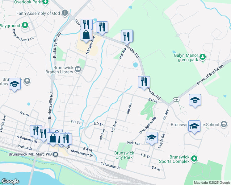 map of restaurants, bars, coffee shops, grocery stores, and more near 402 East H Street in Brunswick