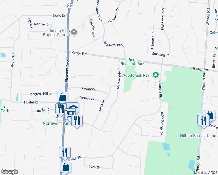 map of restaurants, bars, coffee shops, grocery stores, and more near 5858 Leslie Drive in Fairfield