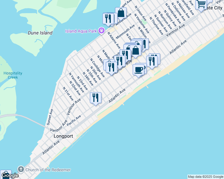 map of restaurants, bars, coffee shops, grocery stores, and more near 12 South Monroe Avenue in Margate City