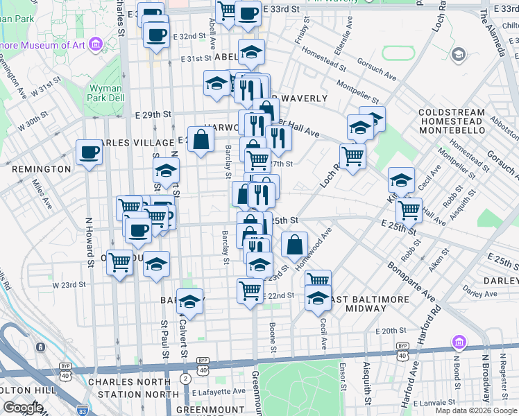 map of restaurants, bars, coffee shops, grocery stores, and more near 2527 Greenmount Avenue in Baltimore