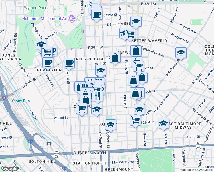 map of restaurants, bars, coffee shops, grocery stores, and more near 2511 North Calvert Street in Baltimore