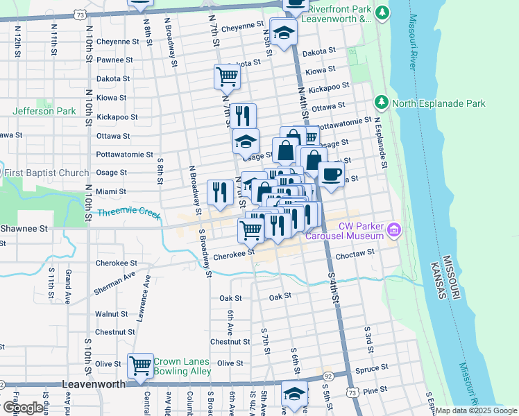 map of restaurants, bars, coffee shops, grocery stores, and more near 528 Seneca Street in Leavenworth