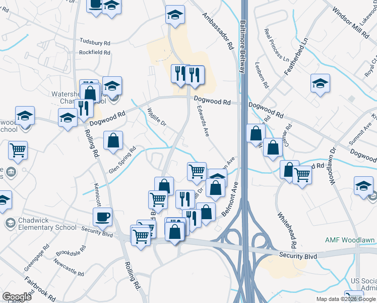 map of restaurants, bars, coffee shops, grocery stores, and more near 2000 Wildlife Drive in Woodlawn