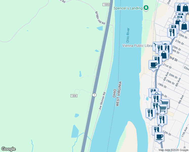 map of restaurants, bars, coffee shops, grocery stores, and more near Township Road 1305 in Washington County