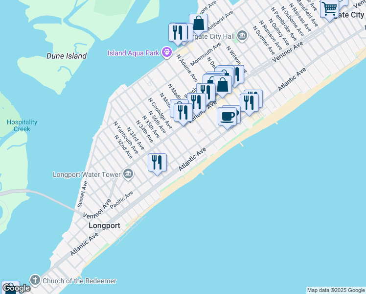 map of restaurants, bars, coffee shops, grocery stores, and more near 12 South Monroe Avenue in Margate City
