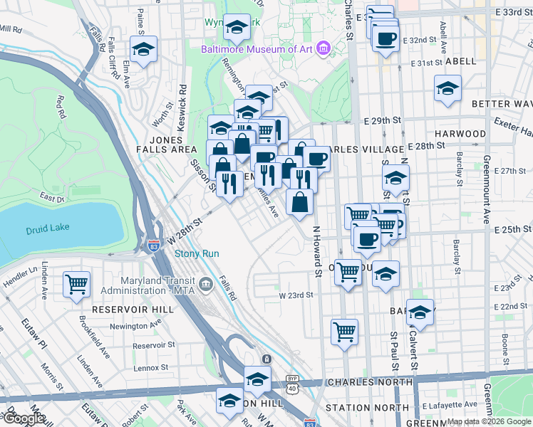 map of restaurants, bars, coffee shops, grocery stores, and more near 2633 Hampden Avenue in Baltimore