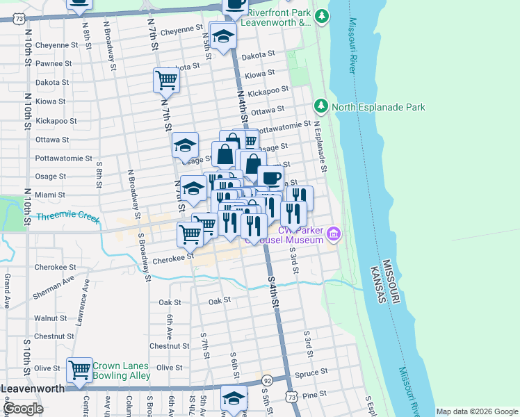 map of restaurants, bars, coffee shops, grocery stores, and more near 109 South 4th Street in Leavenworth