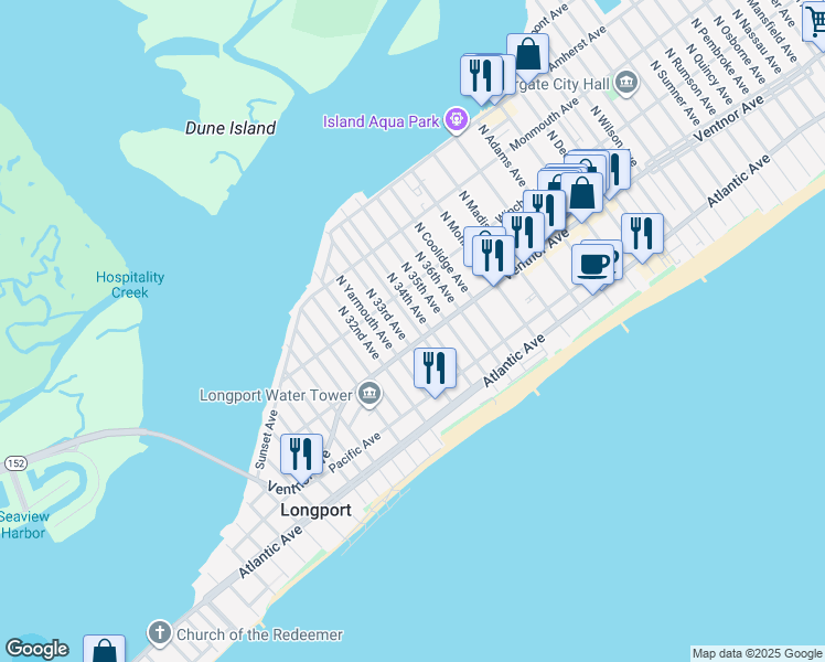 map of restaurants, bars, coffee shops, grocery stores, and more near 4 North Colgate Avenue in Longport