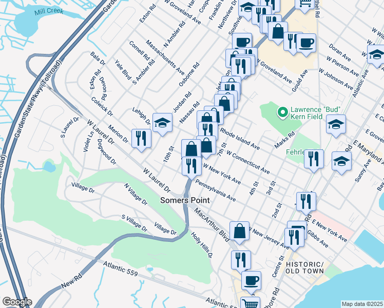 map of restaurants, bars, coffee shops, grocery stores, and more near 645 9th Street in Somers Point