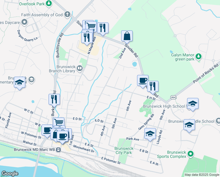 map of restaurants, bars, coffee shops, grocery stores, and more near 204 East H Street in Brunswick