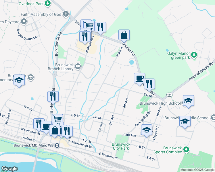 map of restaurants, bars, coffee shops, grocery stores, and more near 204 East H Street in Brunswick