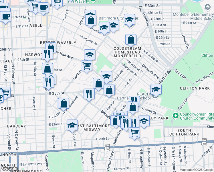 map of restaurants, bars, coffee shops, grocery stores, and more near 2525 Kirk Avenue in Baltimore