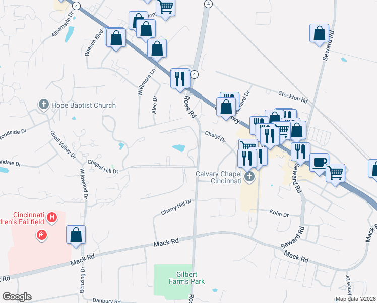 map of restaurants, bars, coffee shops, grocery stores, and more near Brittany Lane in Fairfield