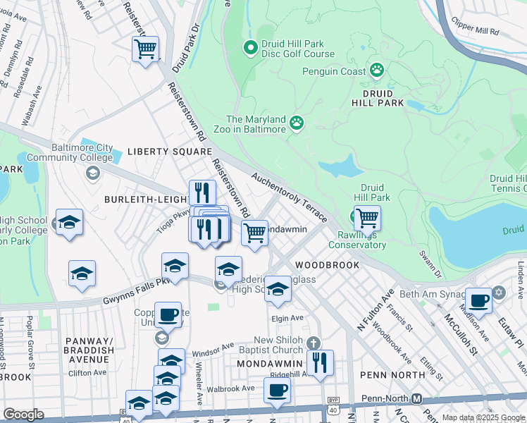 map of restaurants, bars, coffee shops, grocery stores, and more near Liberty Heights Avenue & Woodbrook Avenue in Baltimore