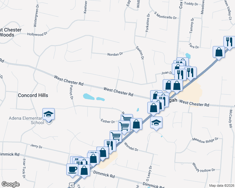 map of restaurants, bars, coffee shops, grocery stores, and more near 7556 West Chester Road in Butler County